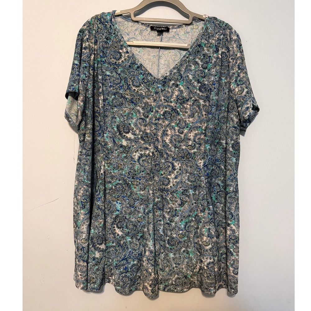 Roz & Ali Women's 2X Blue Paisley V-Neck Short Sleeve Stretch Knit Tunic 1831